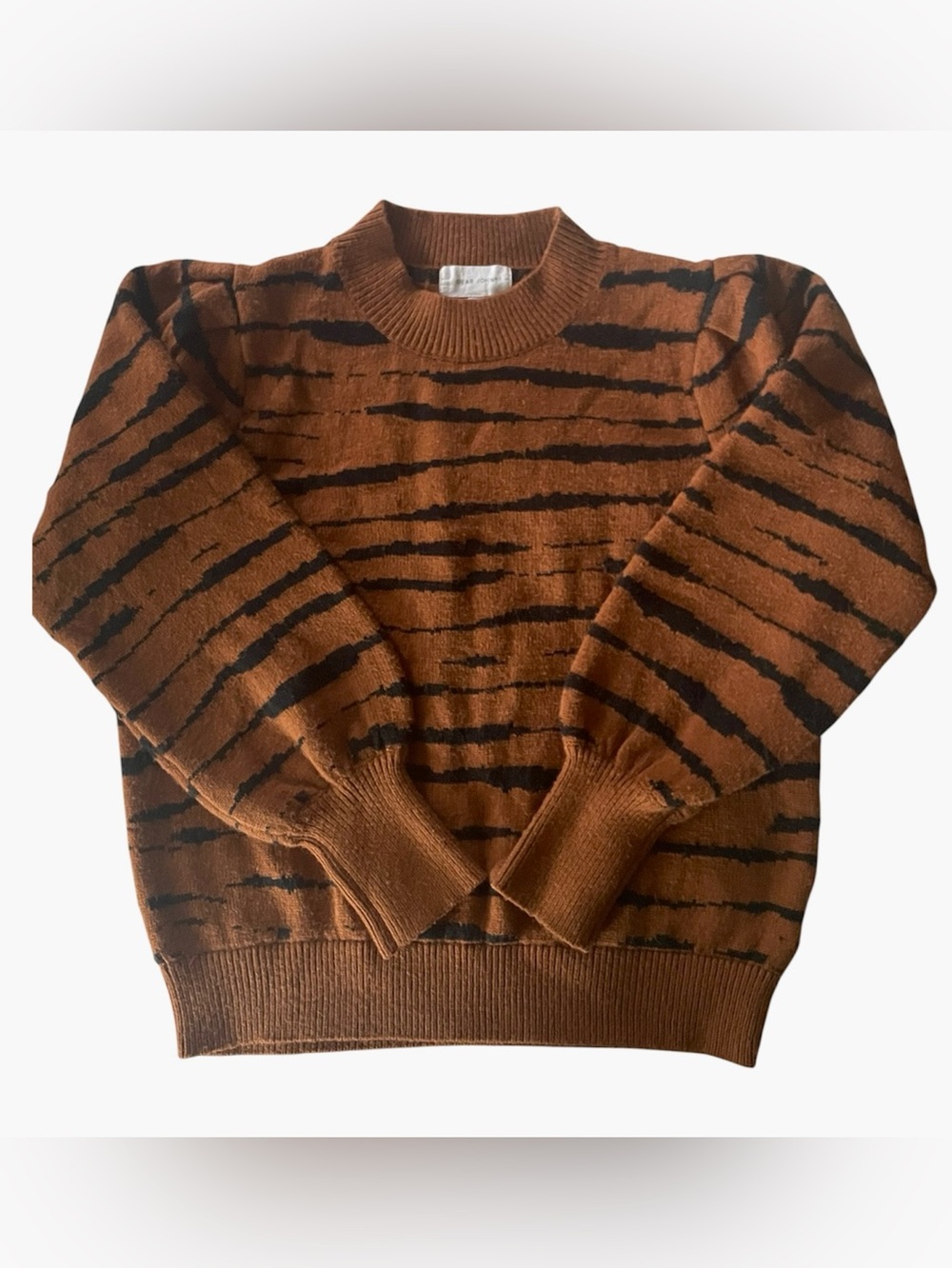 Dear John Boho Tiger Stripe Puff Sleeve Knit Pullover Eclectic Casual Sweater-XL